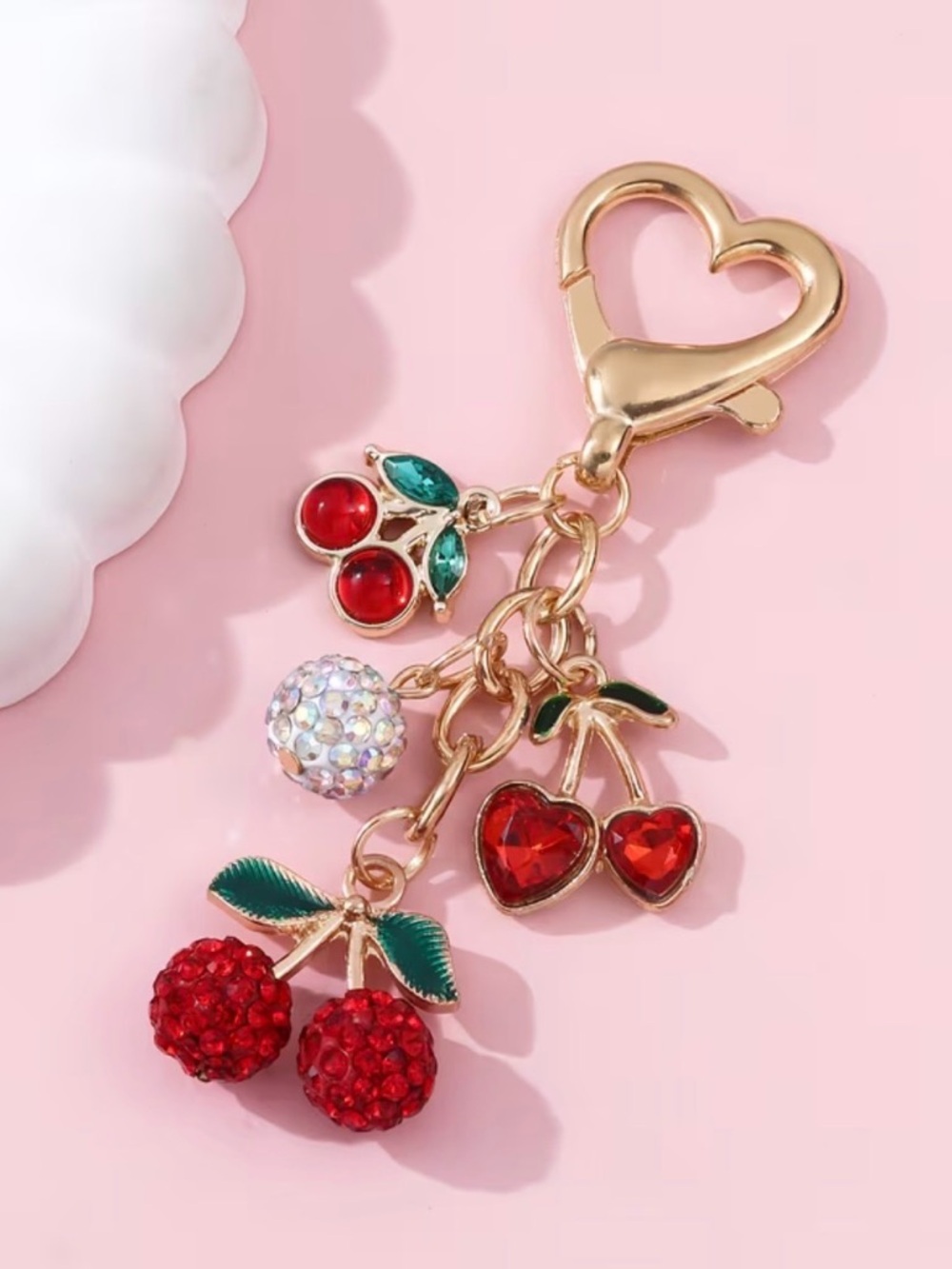 Bag Charm or Keychain with Red Cherry Crystal Charm - Picture 2 of 3
